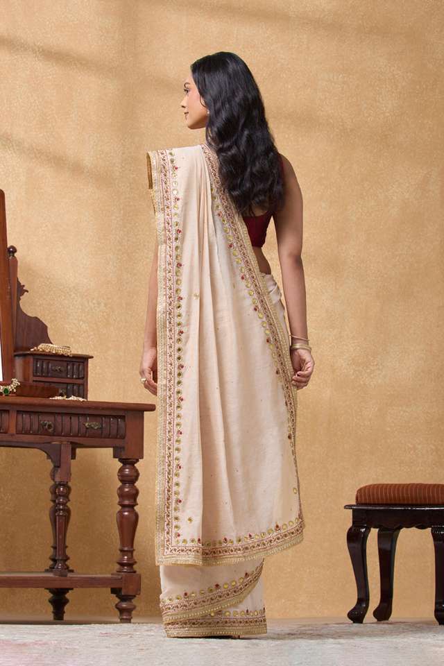 Beige Pure Cotton Tissue Embroidered Saree thumbnail image number null