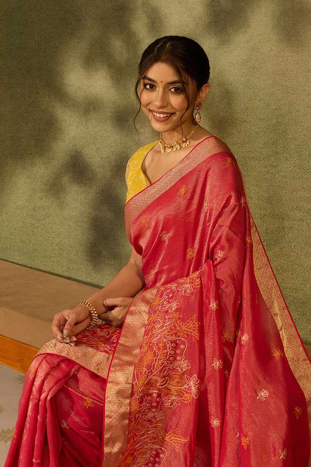 Pink Viscose Tissue Embroidered Saree image number