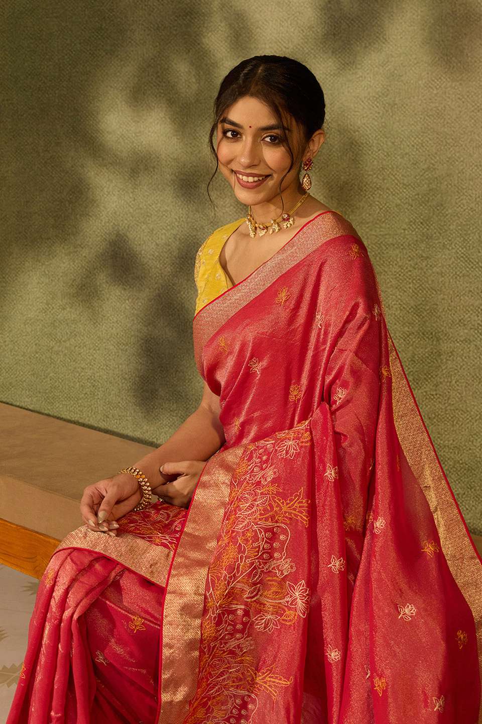 Pink Viscose Tissue Embroidered Saree