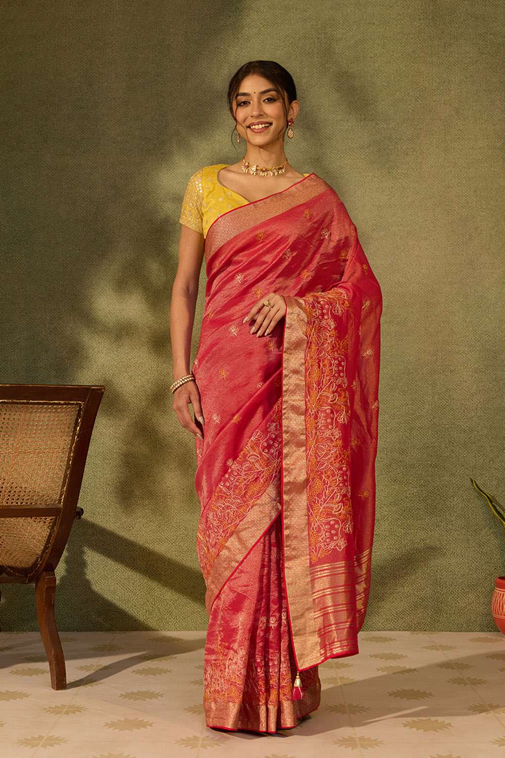 Pink Viscose Tissue Embroidered Saree image number null