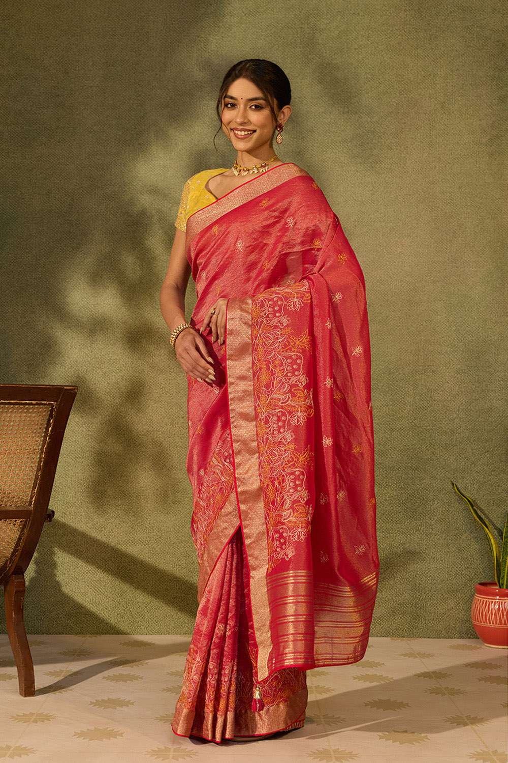 Pink Viscose Tissue Embroidered Saree image number null