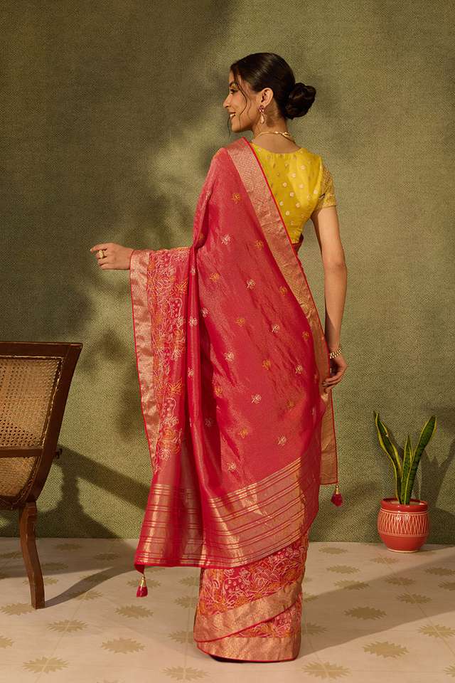 Pink Viscose Tissue Embroidered Saree thumbnail image number null