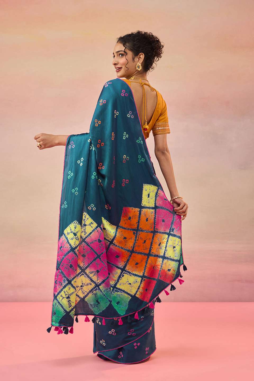 Dark Blue Gujarat Pure Satin Tie & Dye Bandhni Saree