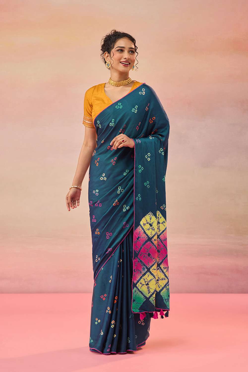 Dark Blue Gujarat Pure Satin Tie & Dye Bandhni Saree image number null