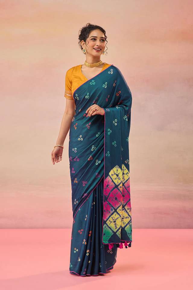 Dark Blue Gujarat Pure Satin Tie & Dye Bandhni Saree thumbnail image number null