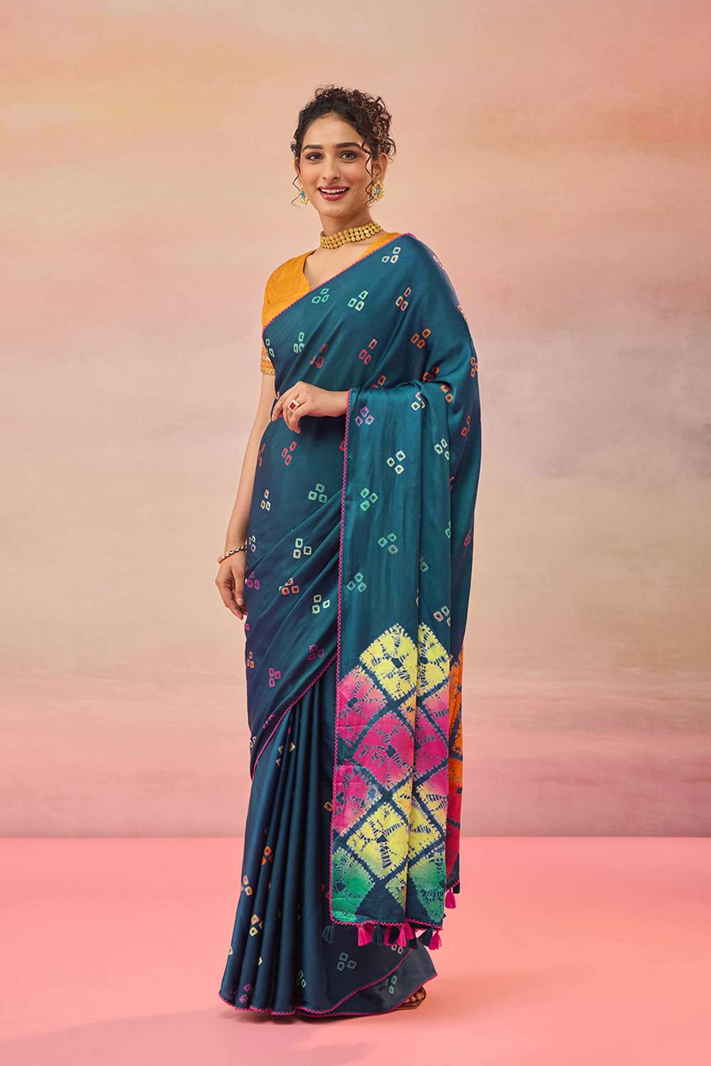 Dark Blue Gujarat Pure Satin Tie & Dye Bandhni Saree image number null