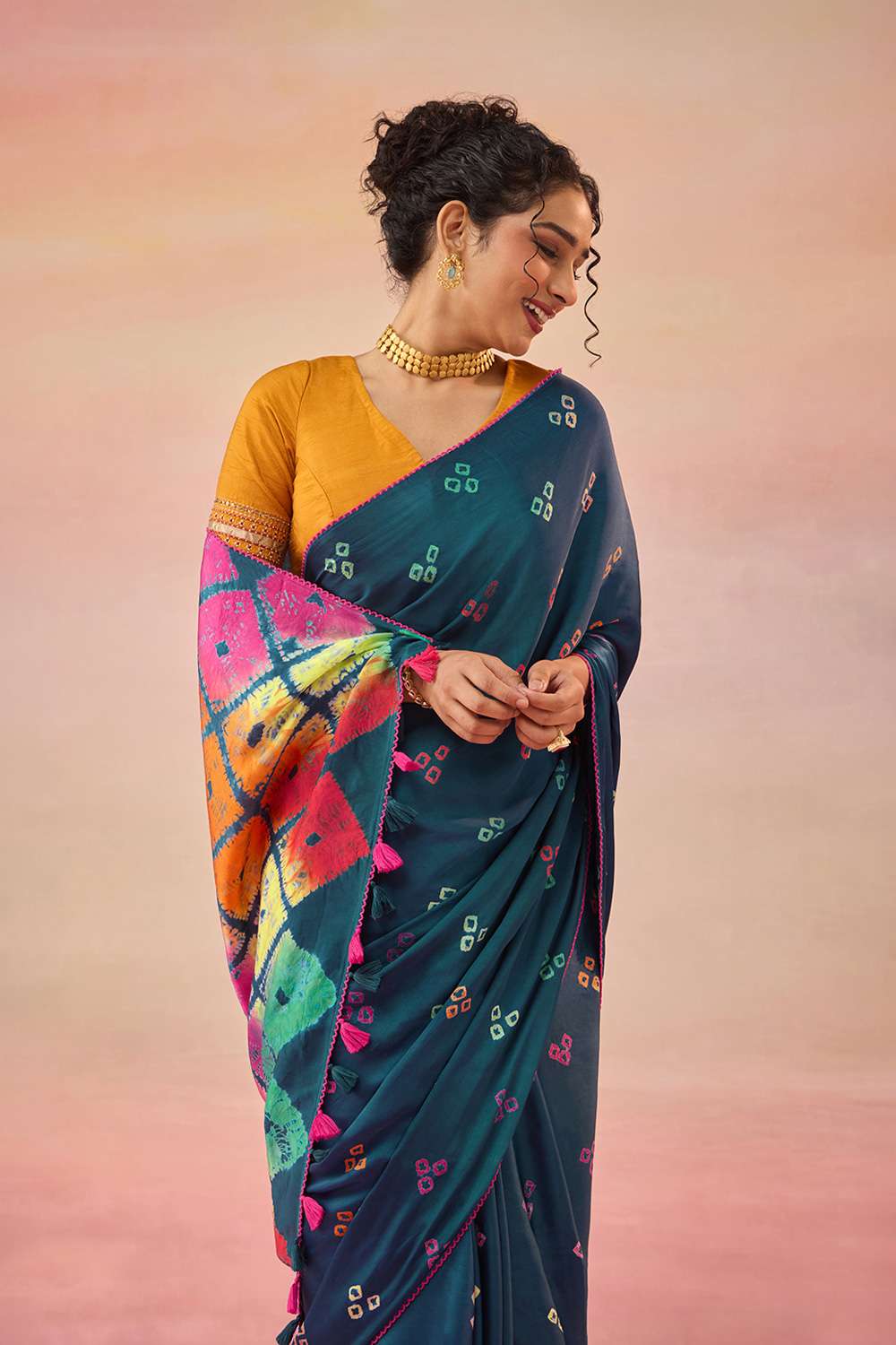 Dark Blue Gujarat Pure Satin Tie & Dye Bandhni Saree image number null
