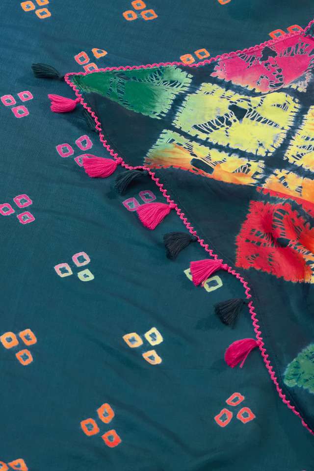 Dark Blue Gujarat Pure Satin Tie & Dye Bandhni Saree thumbnail image number null