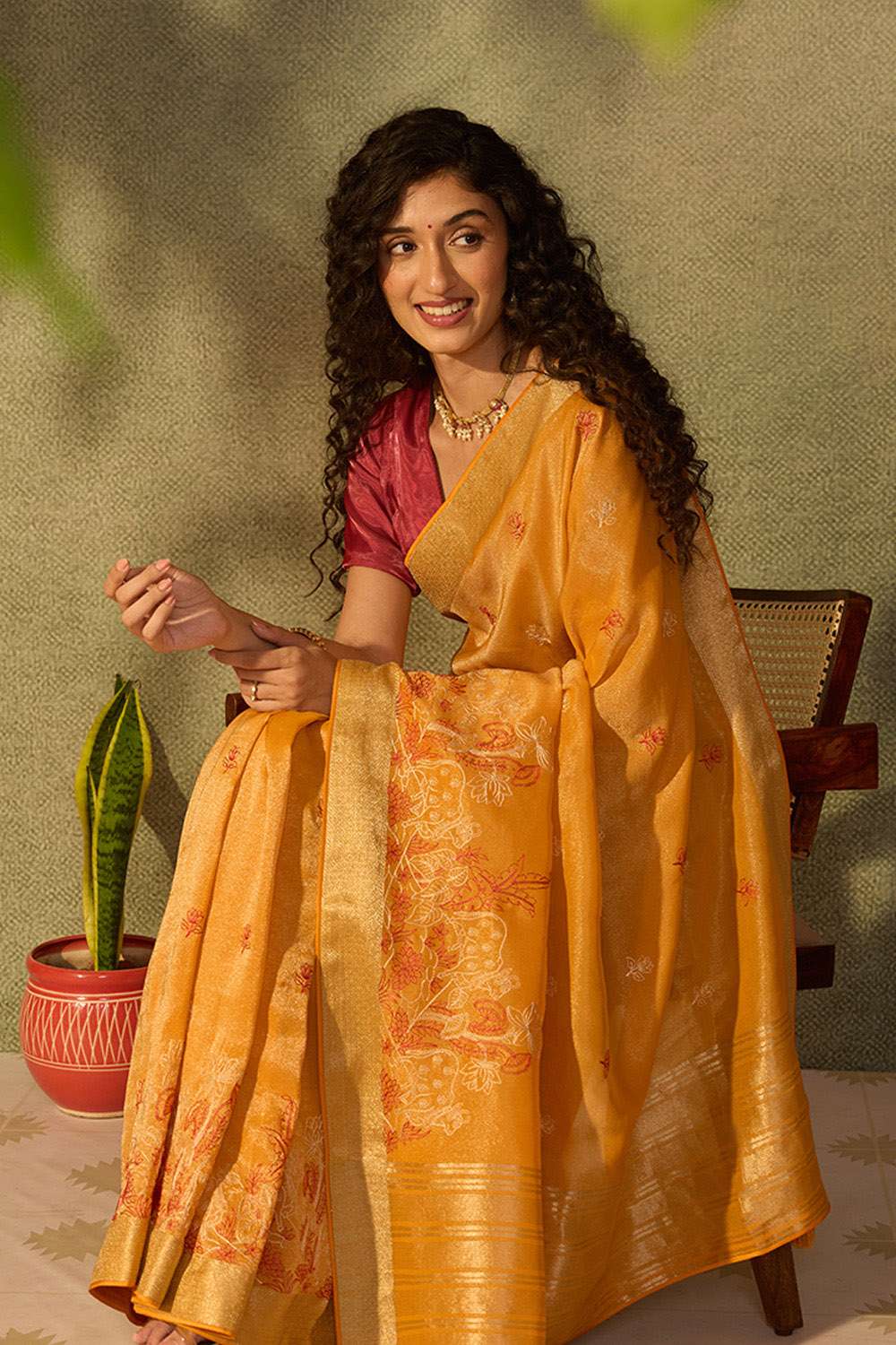 Orange Viscose Tissue Embroidered Saree image number null