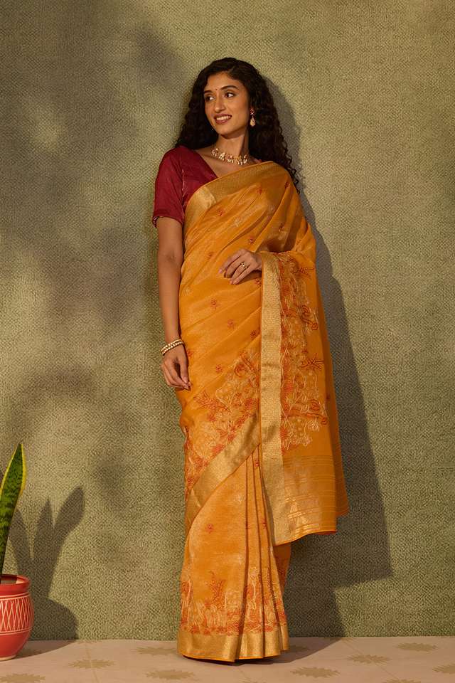 Orange Viscose Tissue Embroidered Saree thumbnail image number null