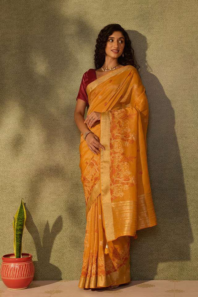 Orange Viscose Tissue Embroidered Saree thumbnail image number null