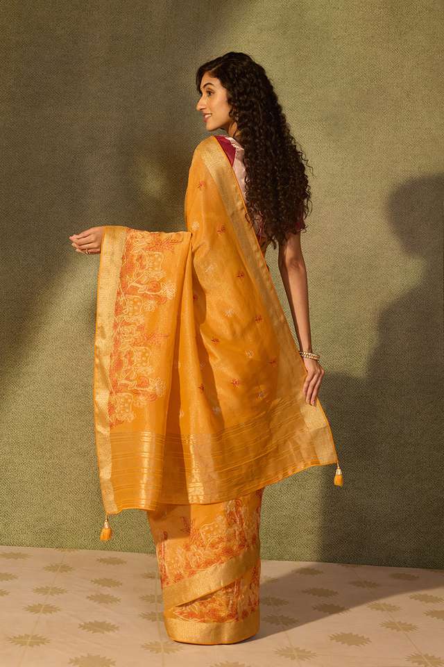 Orange Viscose Tissue Embroidered Saree thumbnail image number null