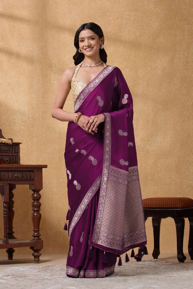Purple Woven Viscose Satin Saree thumbnail image number null