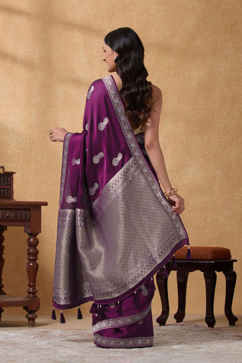 Purple Woven Viscose Satin Saree image number null
