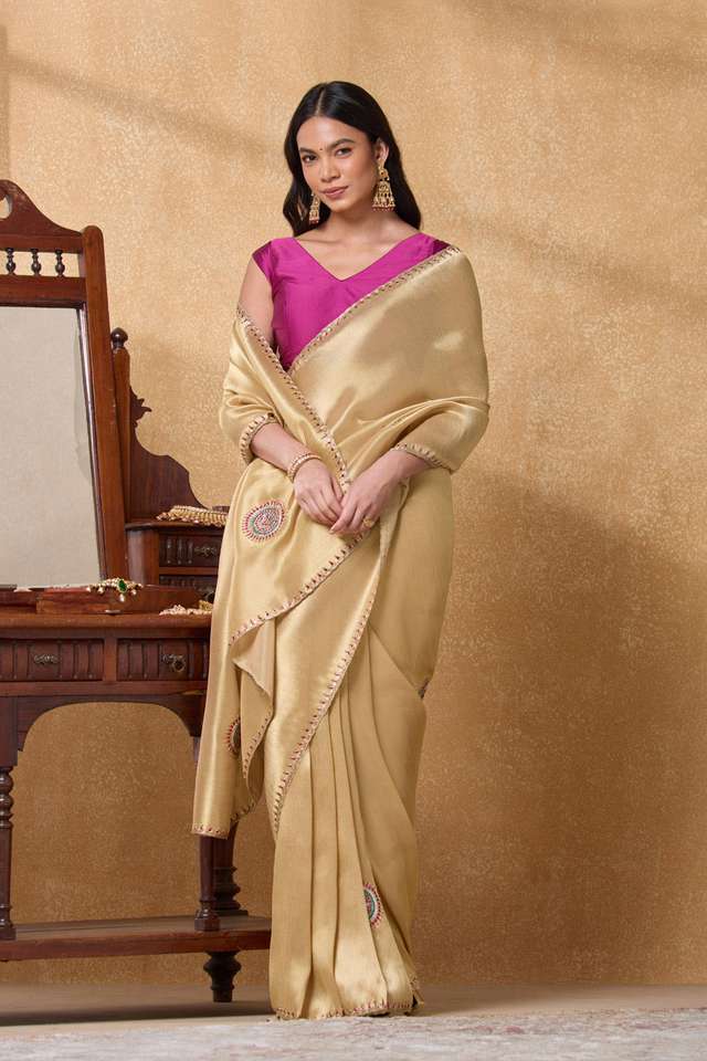 Gold Viscose Tissue Embroidered Saree image number
