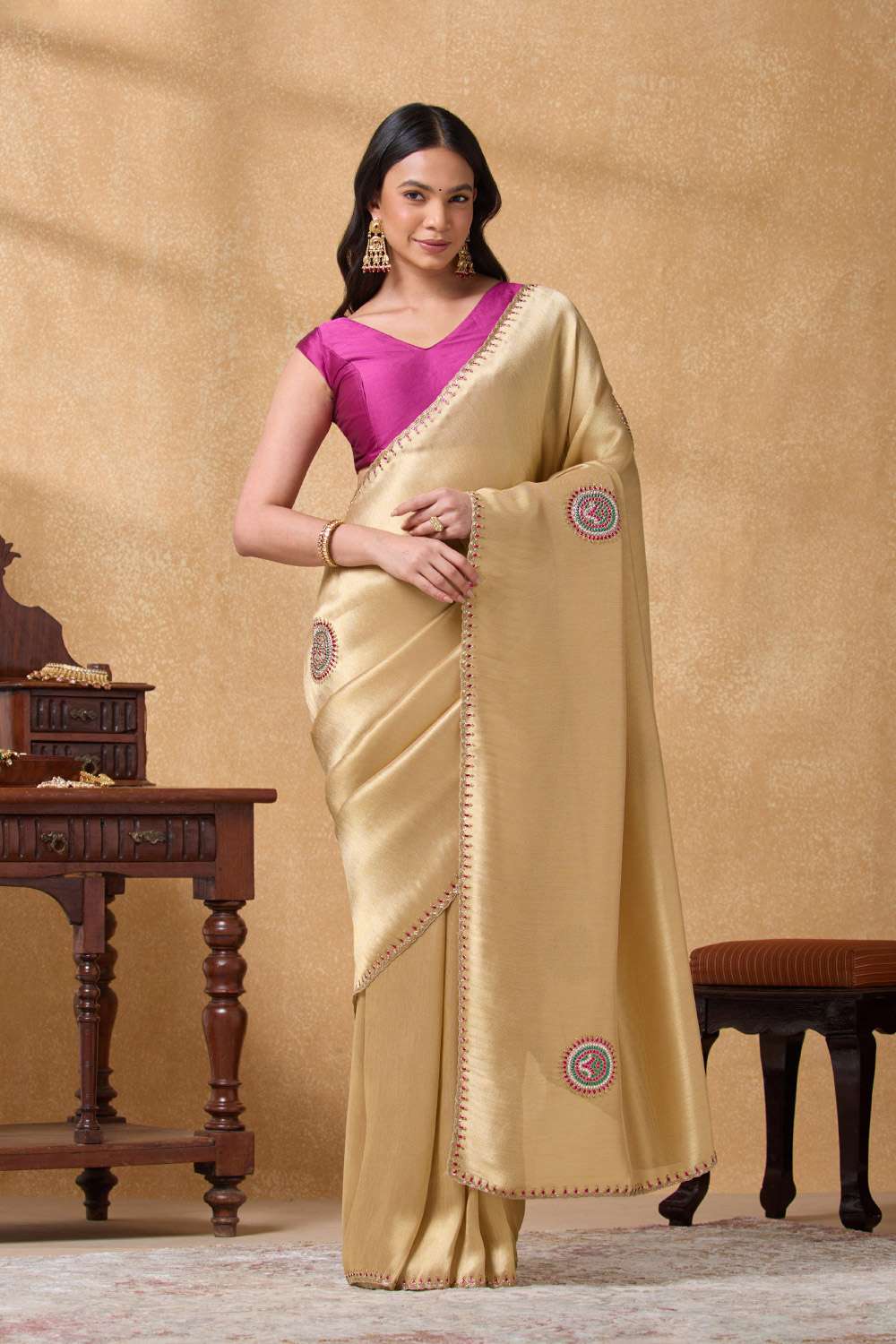Gold Viscose Tissue Embroidered Saree image number null