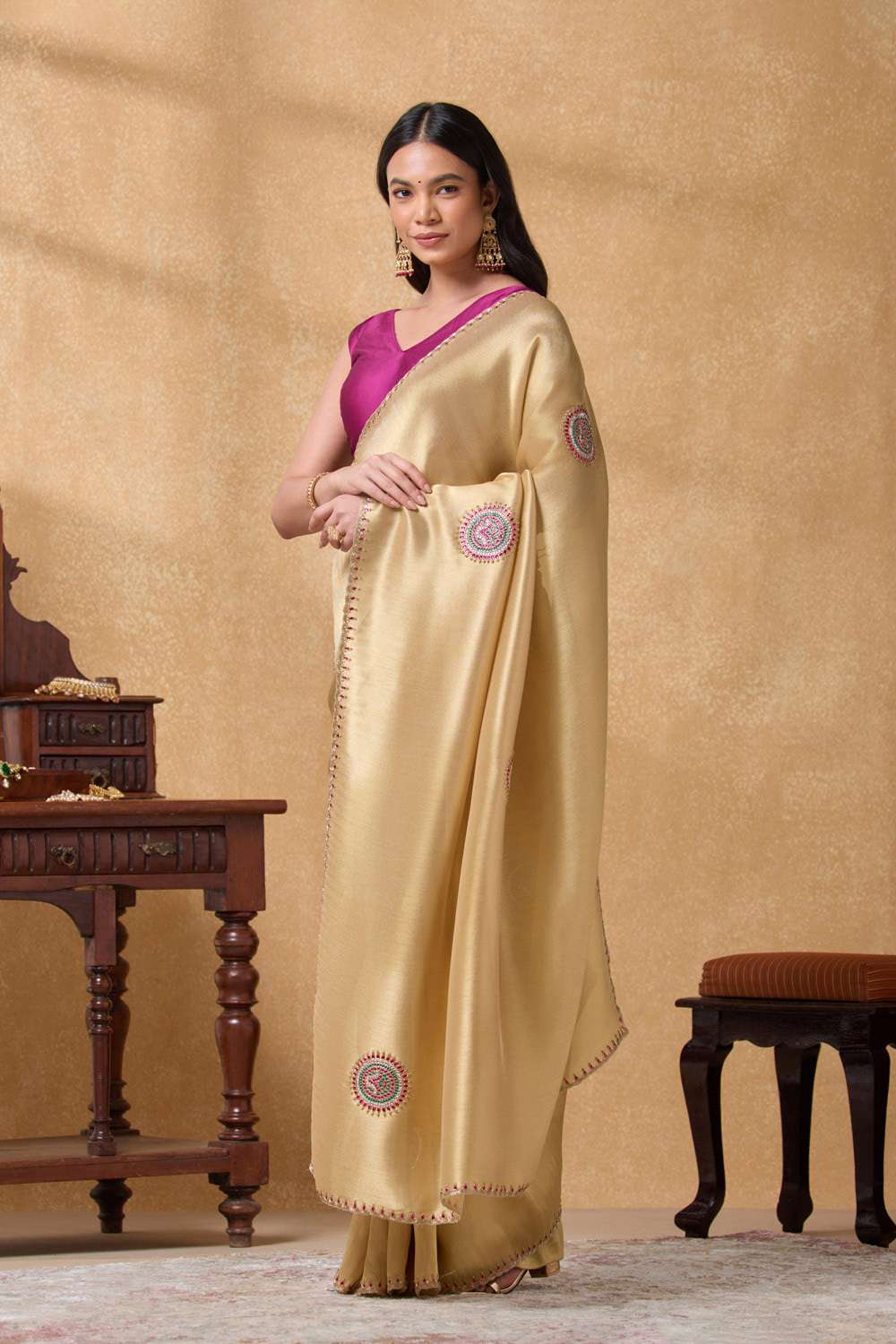 Gold Viscose Tissue Embroidered Saree image number null