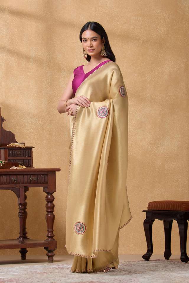 Gold Viscose Tissue Embroidered Saree thumbnail image number null