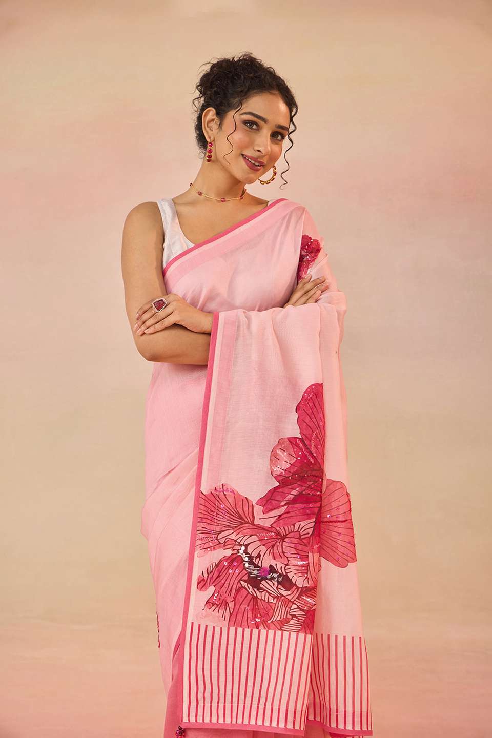 Light Pink Pure Silk Cotton Printed Saree