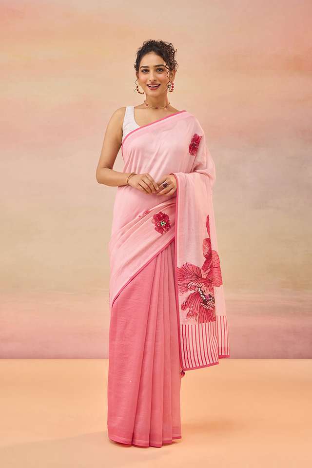Light Pink Pure Silk Cotton Printed Saree thumbnail image number null