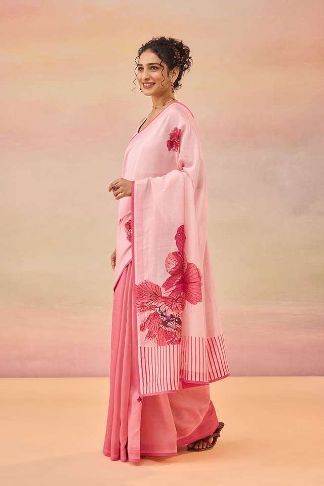 Light Pink Pure Silk Cotton Printed Saree thumbnail image number null