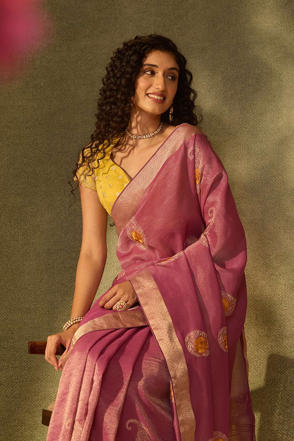 Purple Viscose Tissue Embroidered Saree