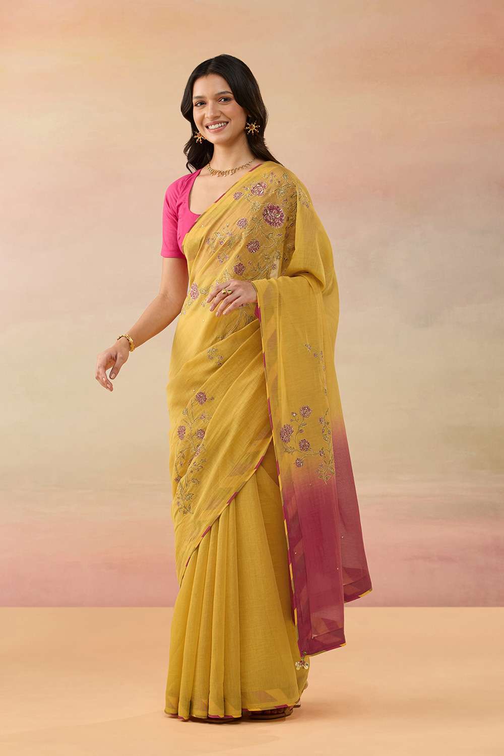 Dark Yellow Pure Silk Cotton Embroidered Saree image number null