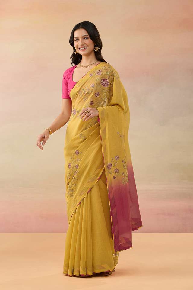 Dark Yellow Pure Silk Cotton Embroidered Saree thumbnail image number null