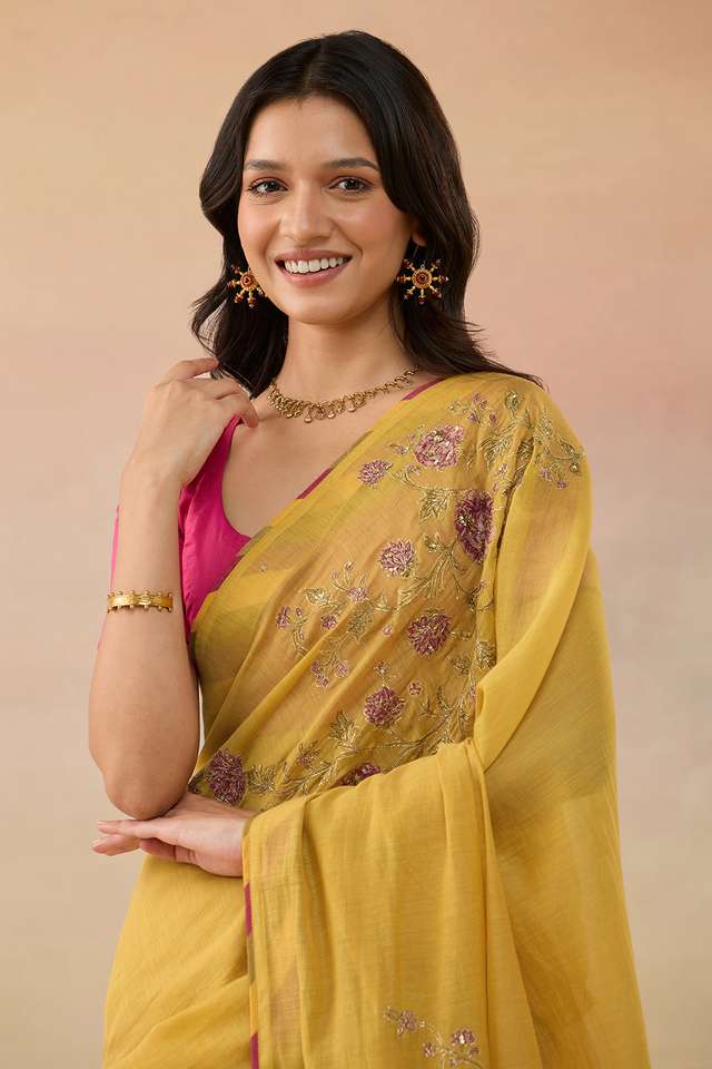 Dark Yellow Pure Silk Cotton Embroidered Saree thumbnail image number null