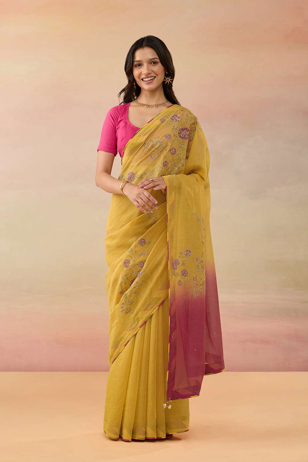 Dark Yellow Pure Silk Cotton Embroidered Saree image number null