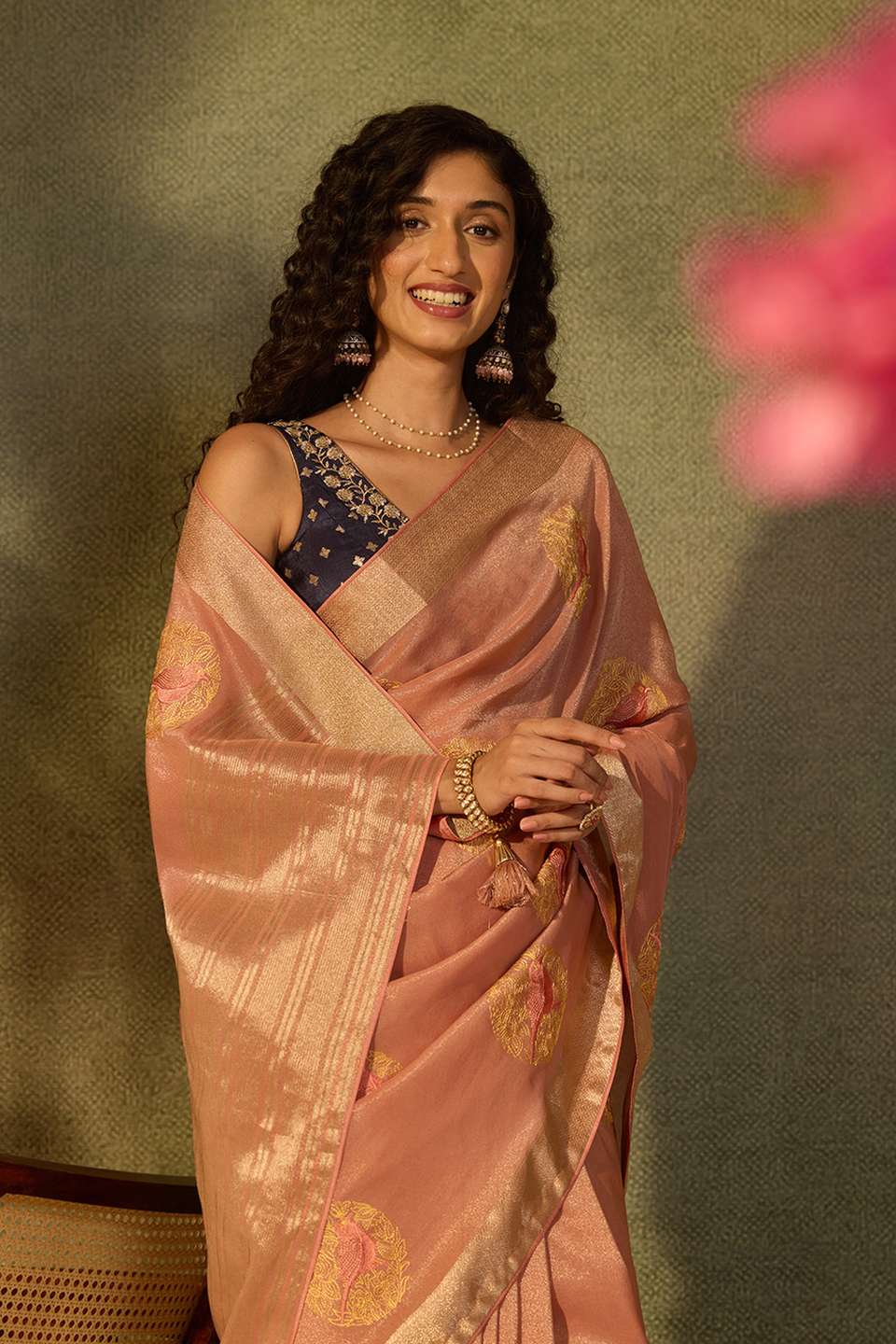 Pink Viscose Tissue Embroidered Saree