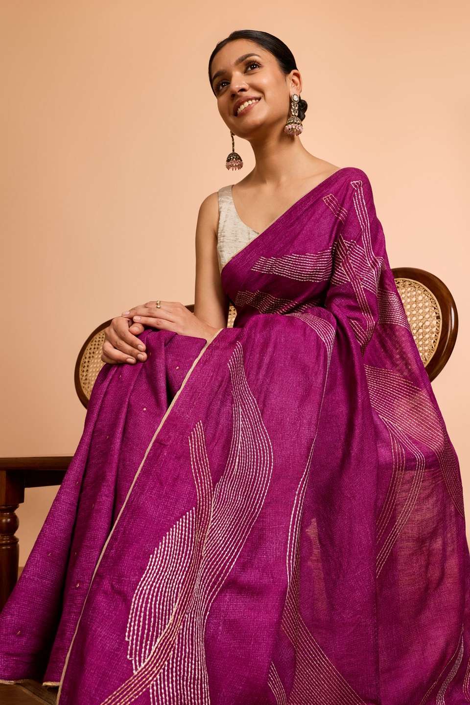 Purple  Pure Tussar Silk Embroidered Saree