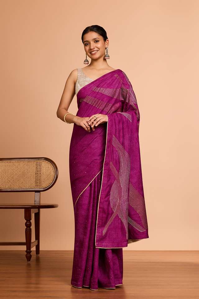 Purple  Pure Tussar Silk Embroidered Saree thumbnail image number null