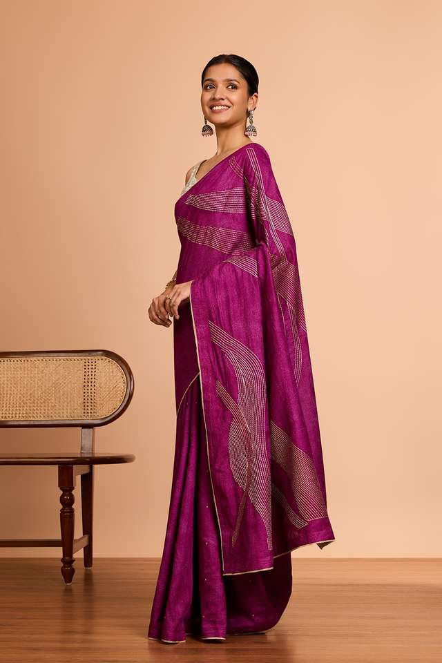 Purple  Pure Tussar Silk Embroidered Saree thumbnail image number null