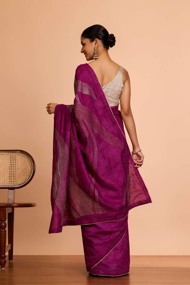 Purple  Pure Tussar Silk Embroidered Saree thumbnail image number null