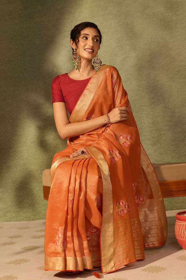 Orange Viscose Tissue Embroidered Saree image number