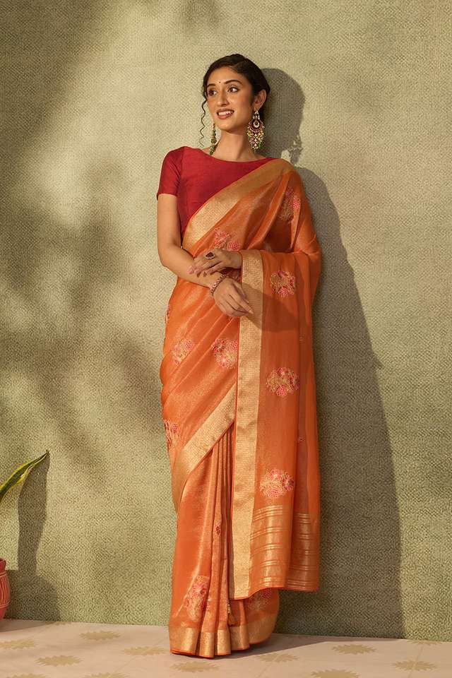 Orange Viscose Tissue Embroidered Saree thumbnail image number null