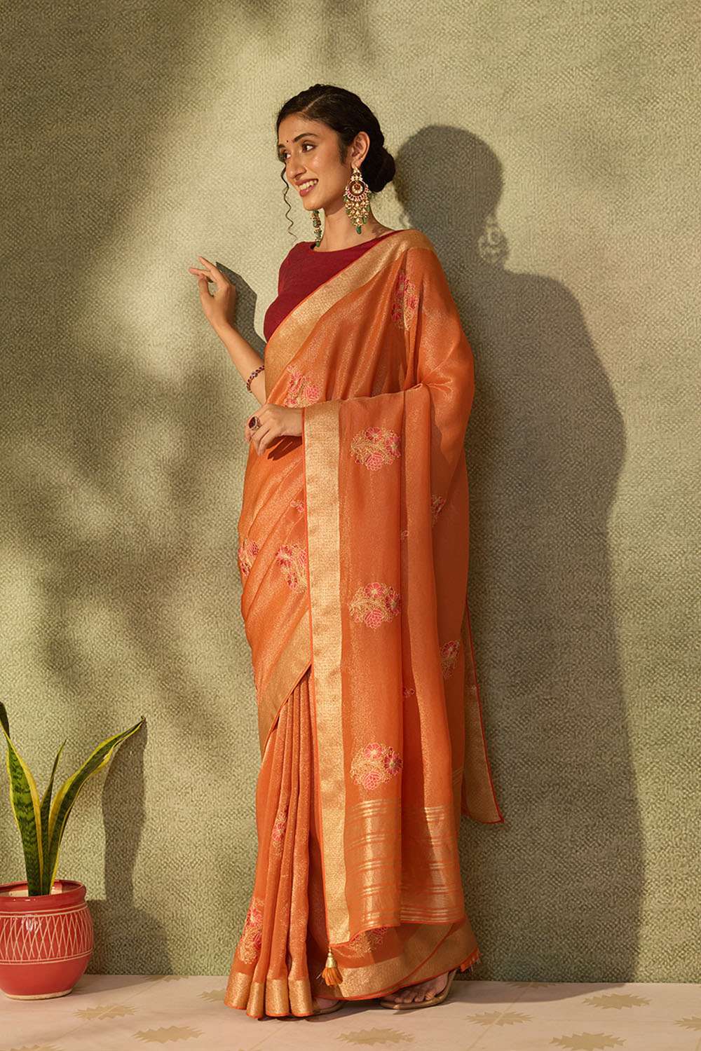 Orange Viscose Tissue Embroidered Saree image number null