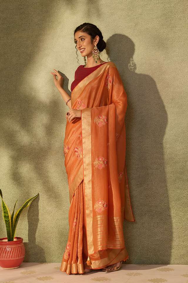 Orange Viscose Tissue Embroidered Saree thumbnail image number null