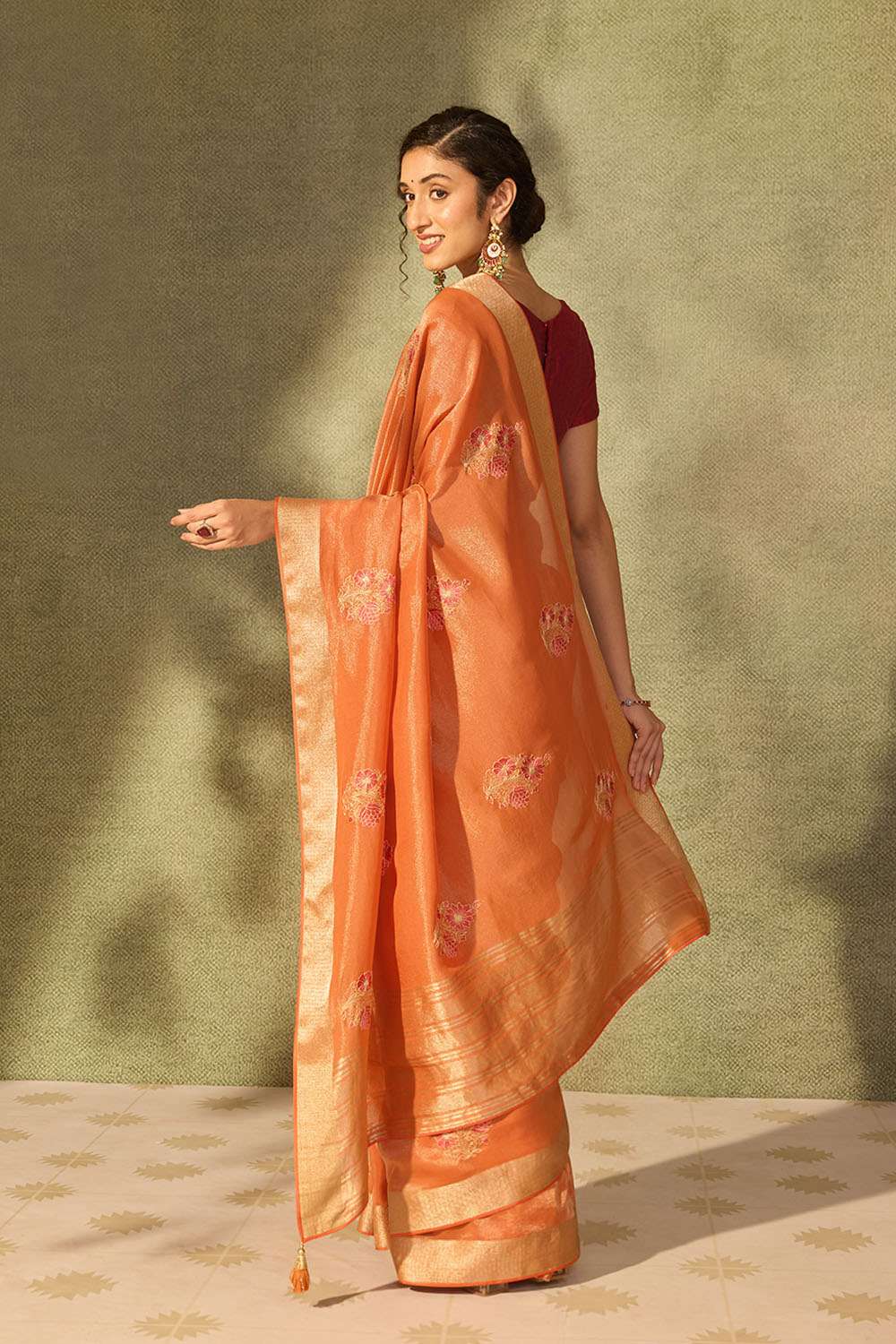 Orange Viscose Tissue Embroidered Saree image number null