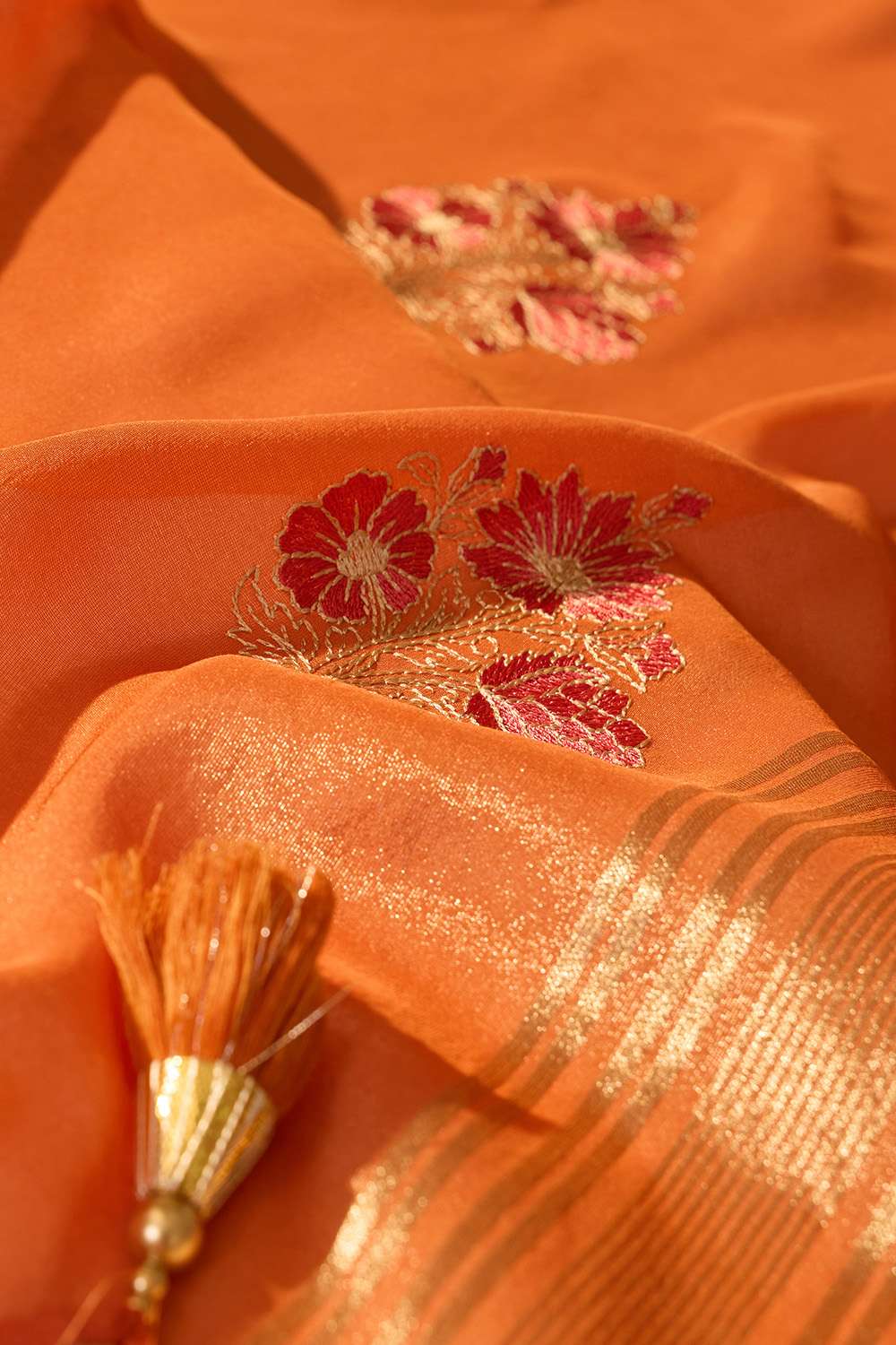 Orange Viscose Tissue Embroidered Saree image number null