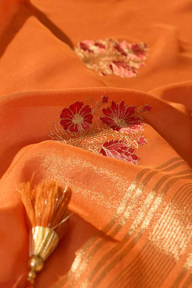 Orange Viscose Tissue Embroidered Saree thumbnail image number null