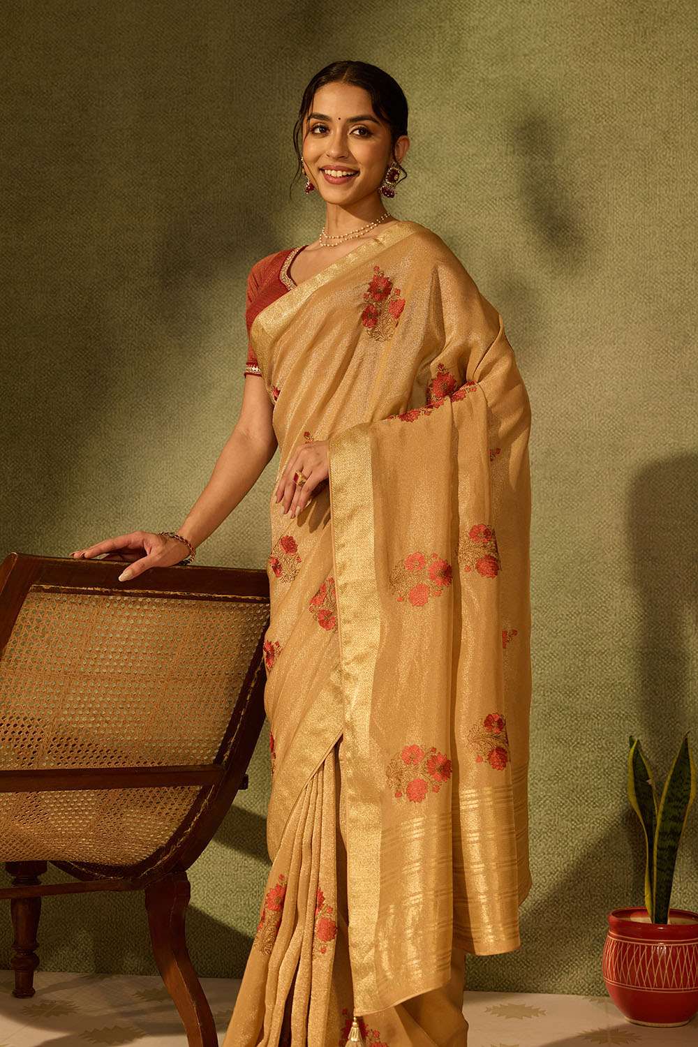 Beige Viscose Tissue Embroidered Saree image number null