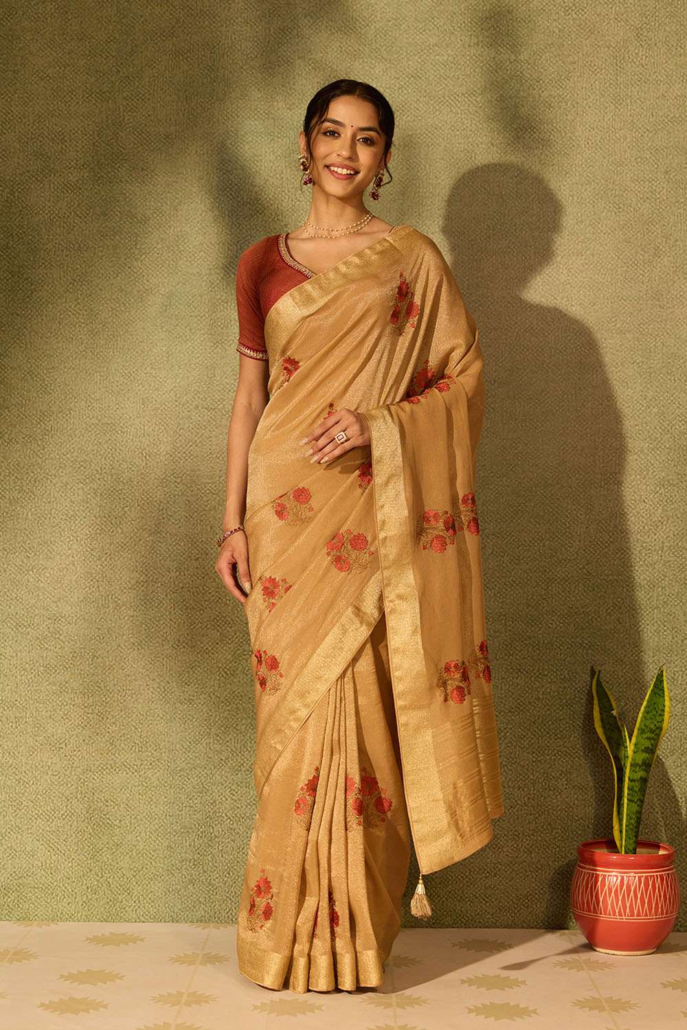 Beige Viscose Tissue Embroidered Saree image number null
