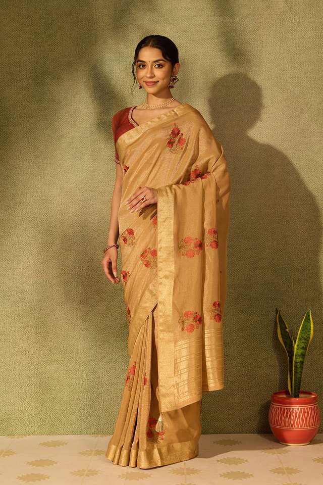 Beige Viscose Tissue Embroidered Saree thumbnail image number null