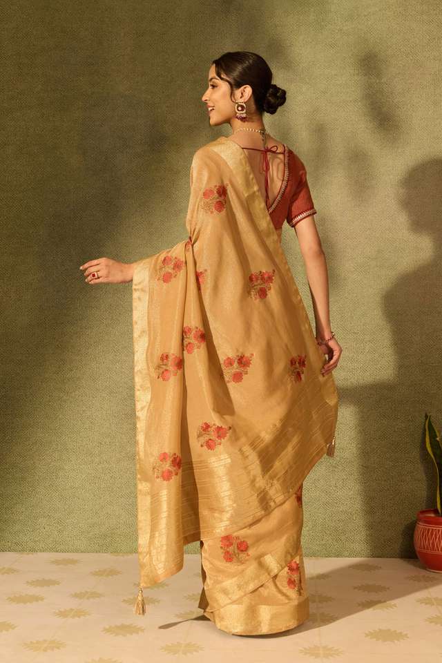 Beige Viscose Tissue Embroidered Saree thumbnail image number null
