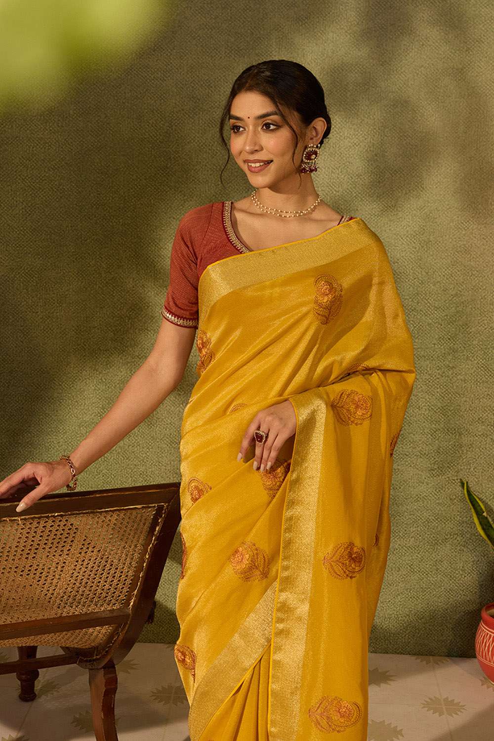 Yellow Viscose Tissue Embroidered Saree image number null
