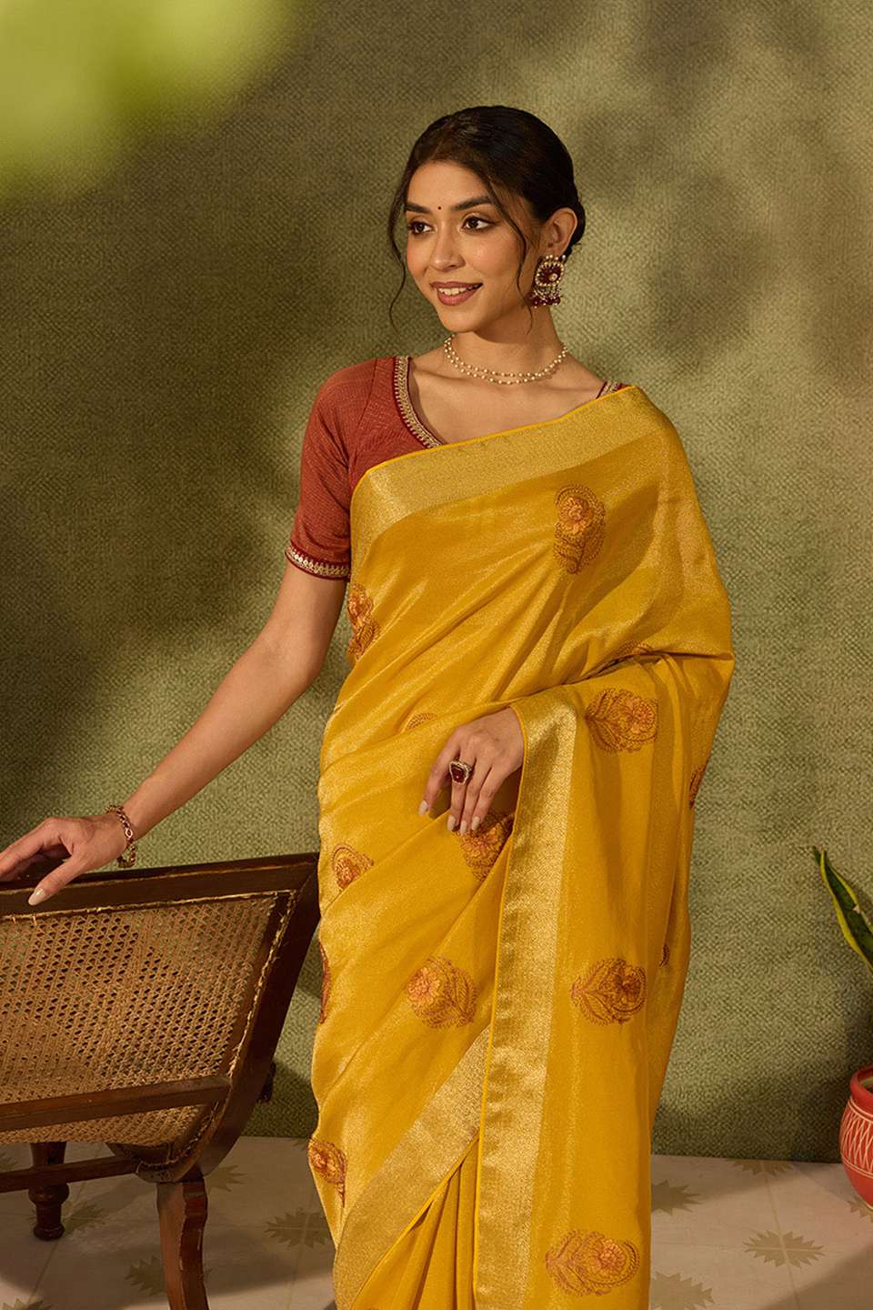 Yellow Viscose Tissue Embroidered Saree