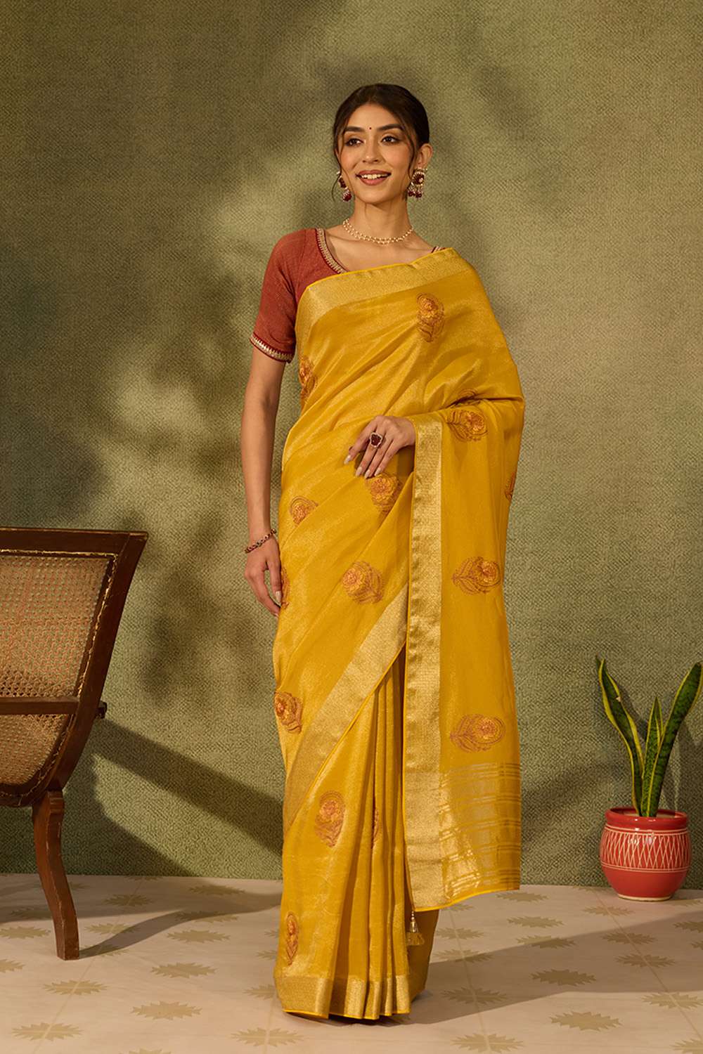 Yellow Viscose Tissue Embroidered Saree image number null