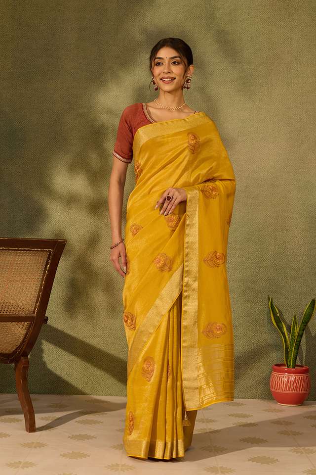 Yellow Viscose Tissue Embroidered Saree thumbnail image number null